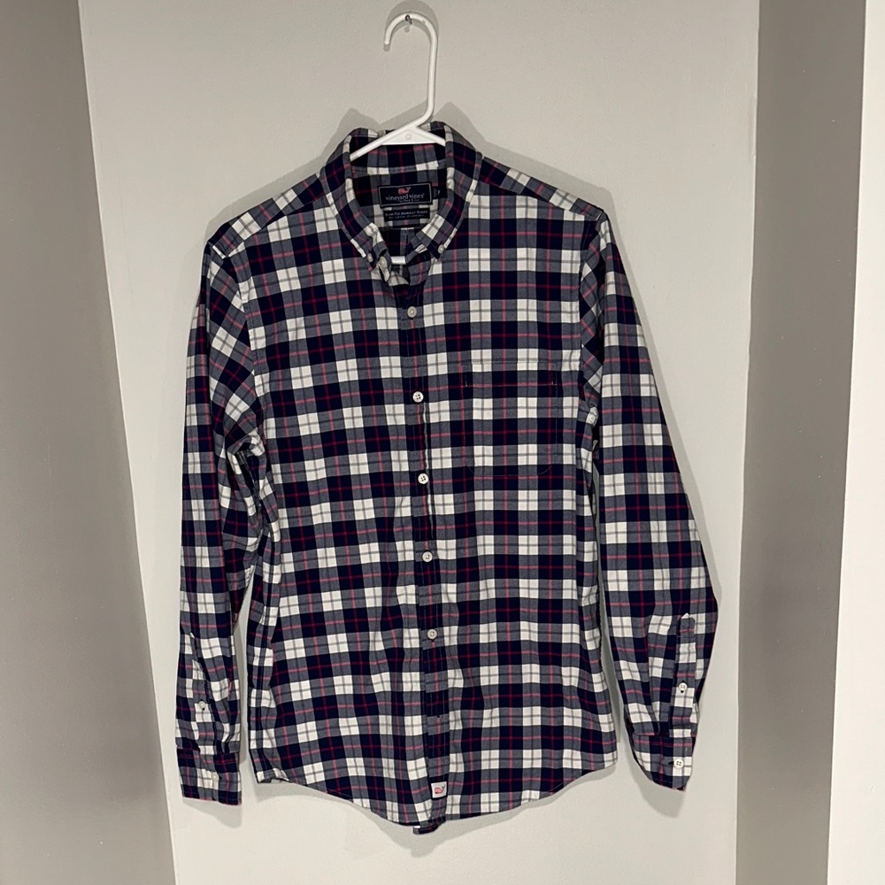Vineyard Vines Men's Plaid Shirt - Blue, Gray, Red. Slim Fit Murray. Size M.